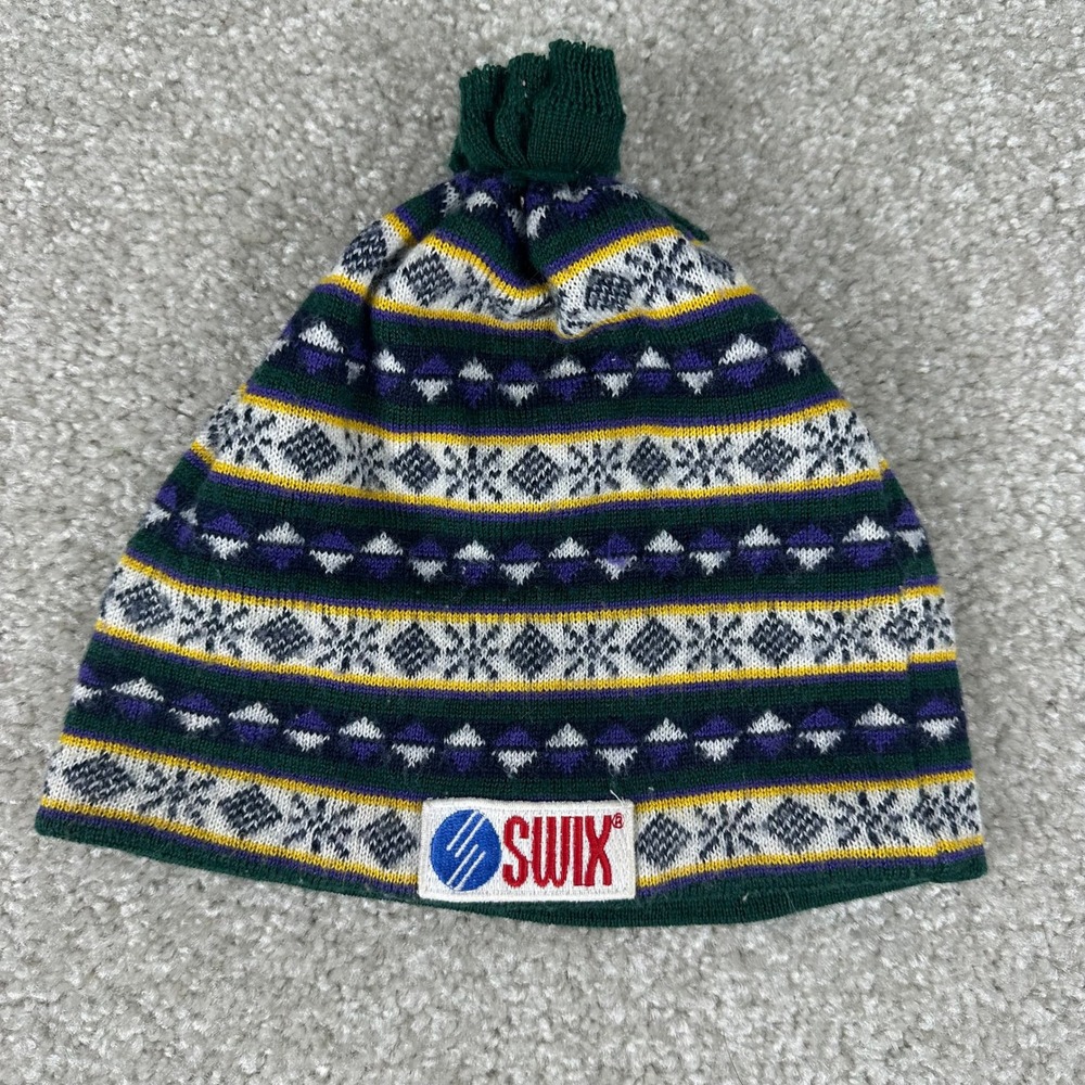 Vintage Swix Ski Hat Beanie Fair Isle Snowflake Green Purple Wool Blend Sweden